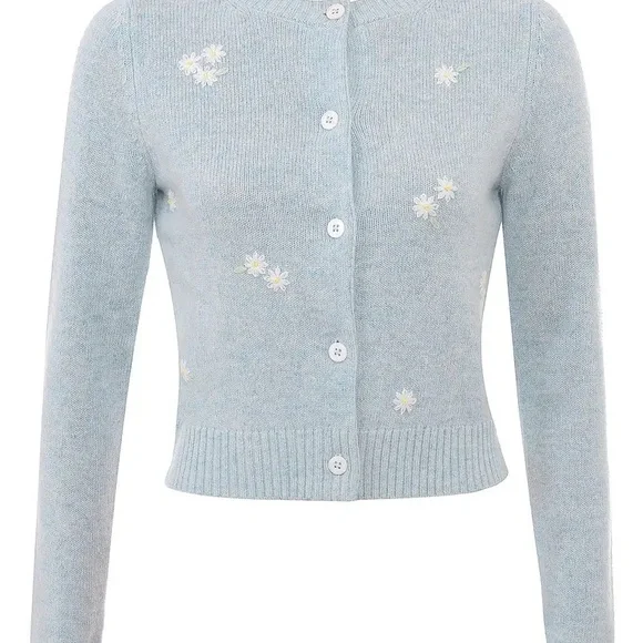 House of CB - ATHEIA Blue Lambswool Floral Embroidered Cardigan - Picture 5 of 10